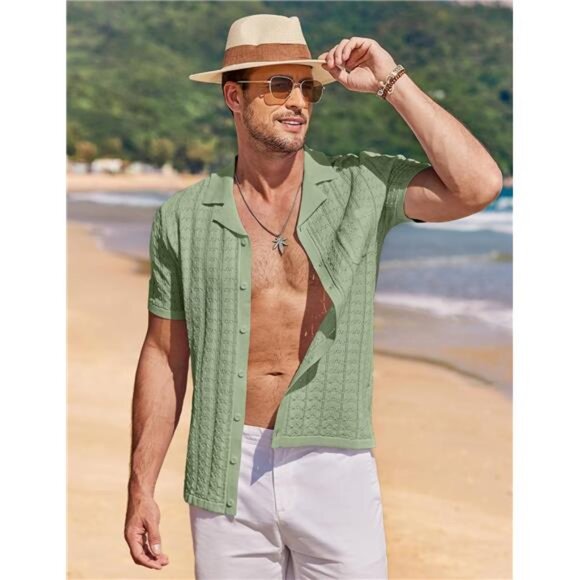 Men's Knit Button Down Shirt Short Sleeve Vintage Polo Shirts Summer - Picture 6 of 7